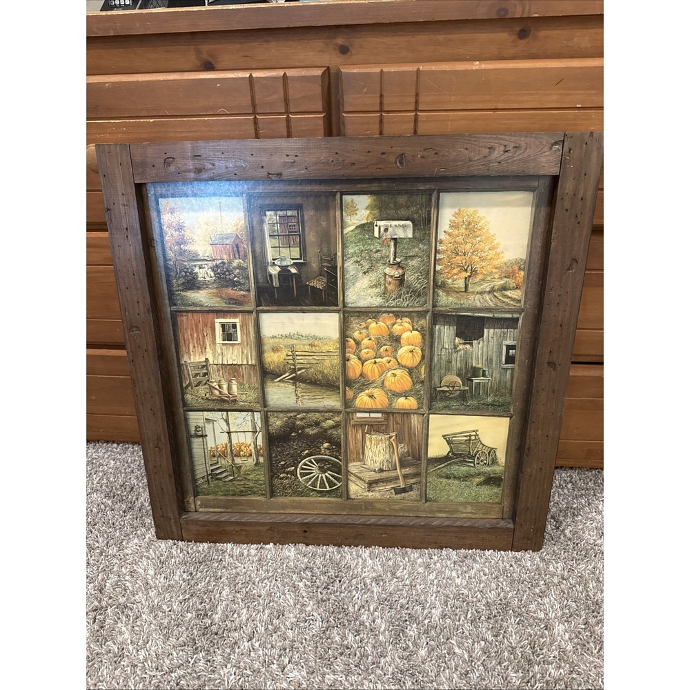 VTG HOMCO HOME INTERIORS B MITCHELL 12 WINDOW PANE PICTURE FALL RUSTIC